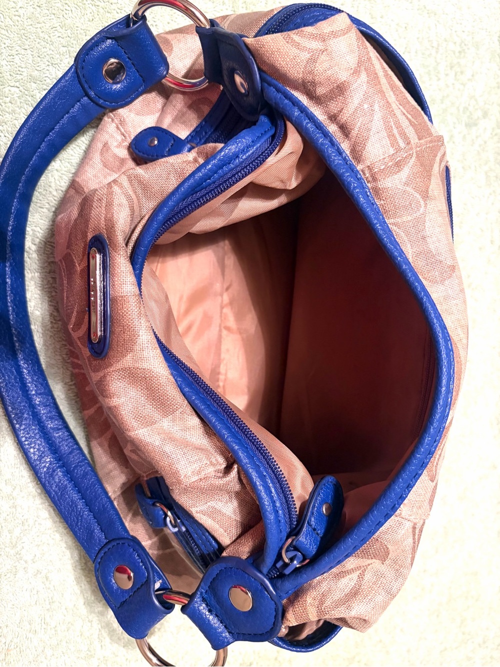 Koltov Beige Floral Shoulder Bag Blue Trim Multi Pocket Hobo - Picture 6 of 10